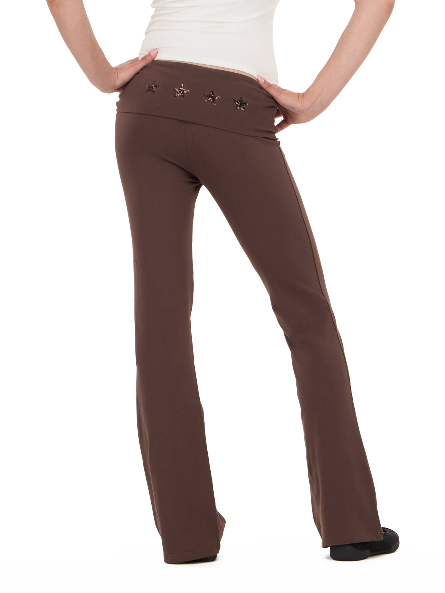 Forever 21 Women's Jersey Fold Over Waist Pants with Graphic Detail, Flare Leg Lounge Pants, Stretch Casual Everyday Comfort Style, Brown, XXS-4X