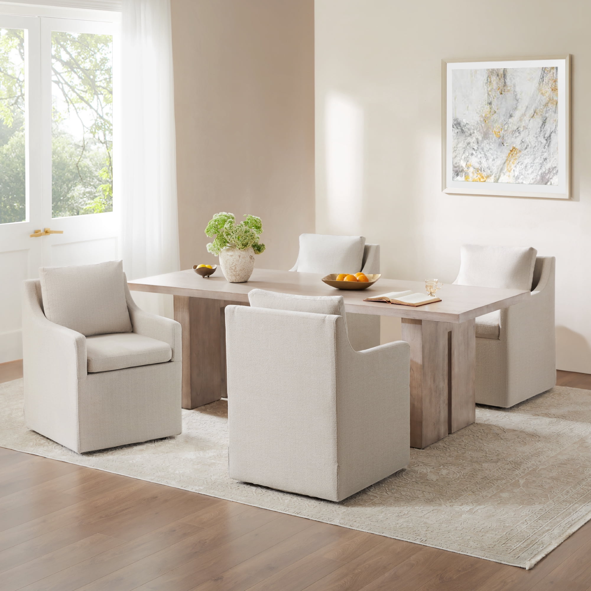 Spruce & Spring Anywhere Multipurpose Armchair with Storage & Hidden Casters, Slipcovered Cotton-Blend Dining Chair, Beige