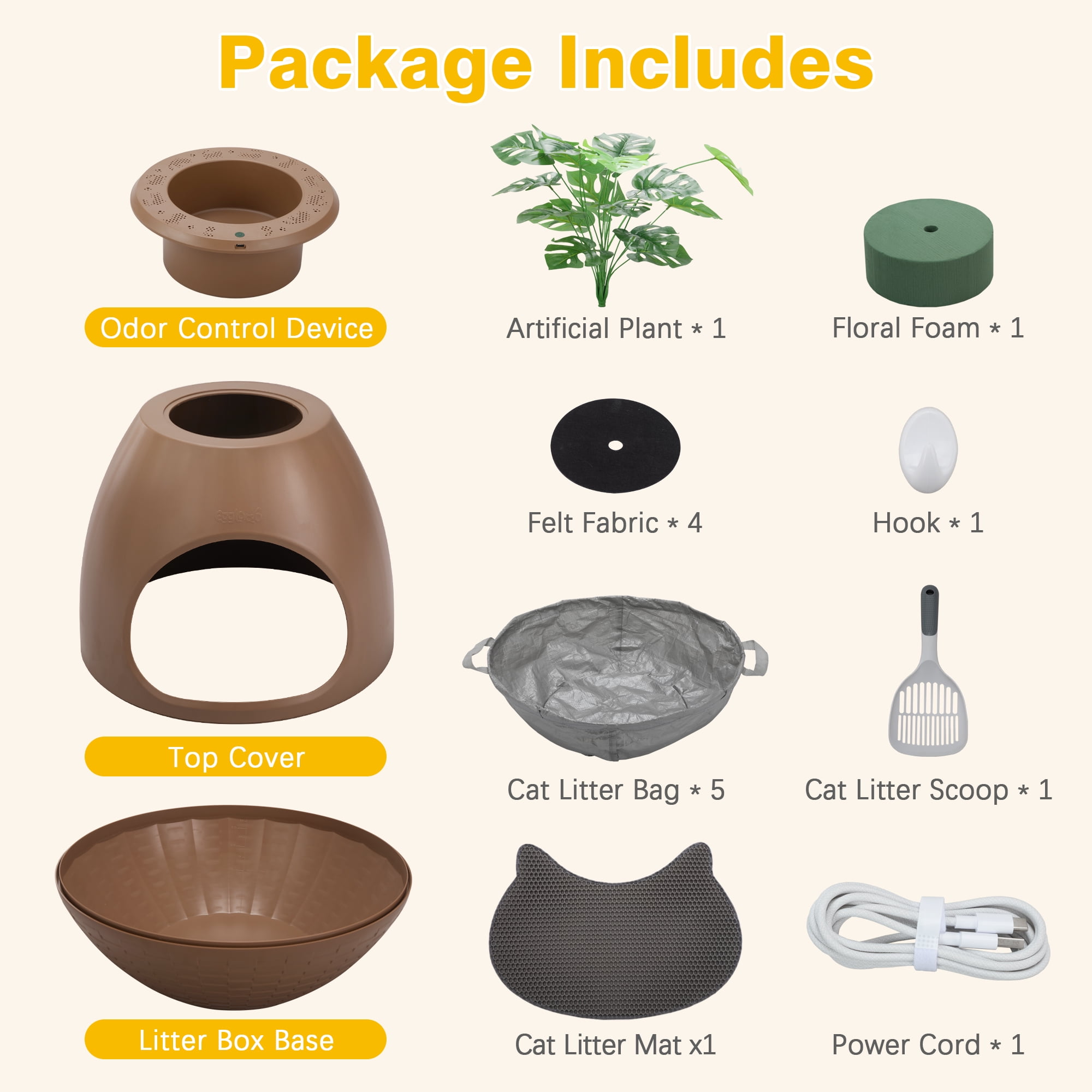 Jaxpety Large Smart Plant Litter Box with Deodorization System, Artificial Plants,5 Cat Litter Bags,Light,Cat Litter Mat,Scoop,Brown