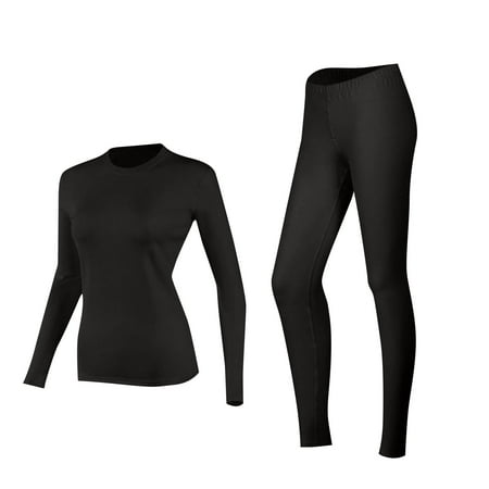 Htigea Womens Thermal Underwear Long Johns Winter Base Layer Set for Women Solid Crewneck Tops & Slim Fit Pants 2 Pieces Black M