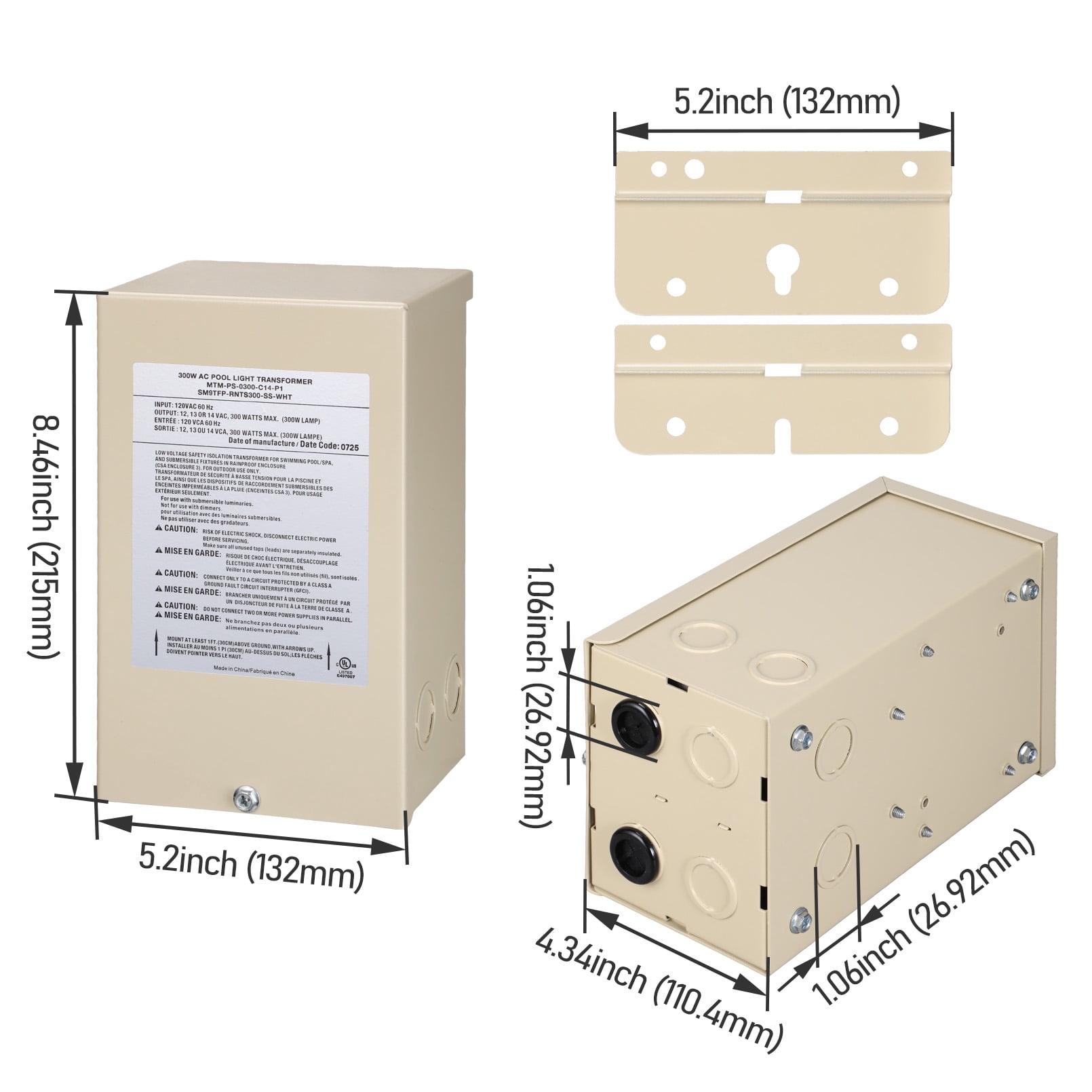 2 Pack 300W AC Pool Light Transformer, 120V to 12V/13V/14V Multi-tap Low Voltage Transformer for Swimming Pool Lighting, Circuit Protection, UL Listed & NEC 680.23