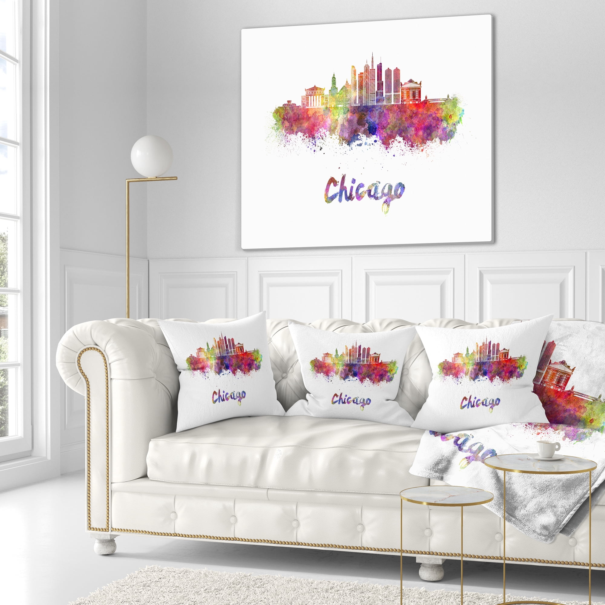 Designart Colorful Chicago Skyline in Watercolor - Cityscape Throw Pillow - 18x18