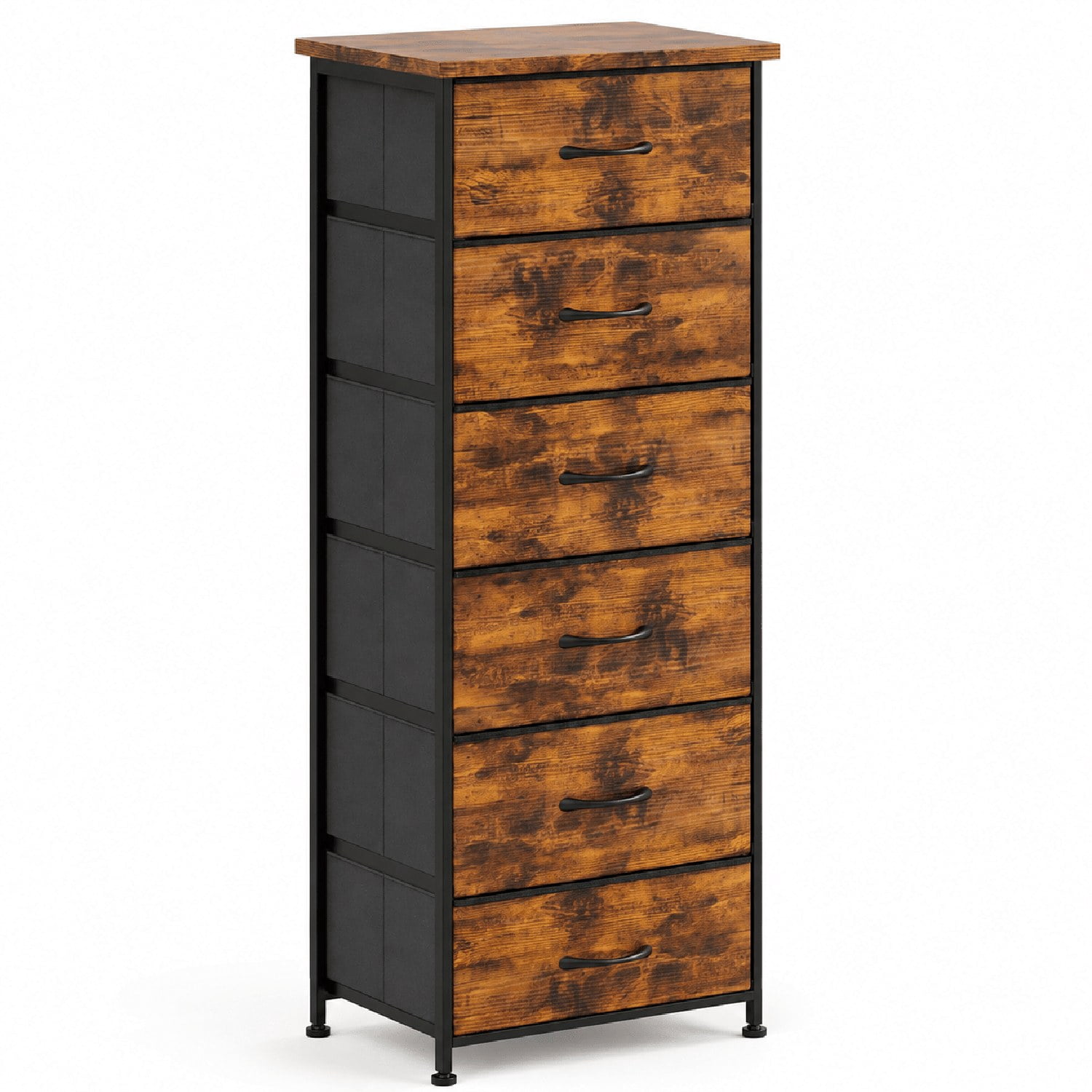 6 Drawer Dresser, Tall Narrow Storage Chest with Fabric Drawers, Steel Frame and Wood Top, Space-Saving Unit for Bedroom, Closet, Entryway