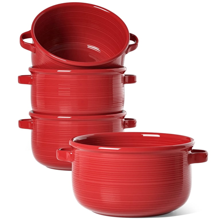 Le Tauci 28 oz Red Ceramic Soup Bowls with Handles, Set of 4 photo 1