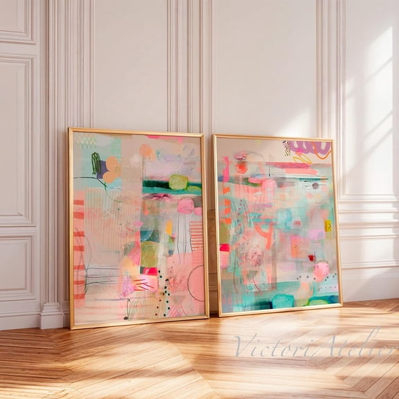 Multicolor Abstract Print Set, Pink Modern Wall Art Set 2 Unframed Paper Print 8x12