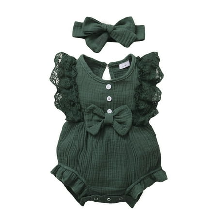

Kucnuzki Infant Baby Girl Clothes 9 Months Summer Bodysuit 12 Months Fly Ruffled Sleeve Solid Color Floral Layer Cozy Romper Bodysuit Headband 2PCS Set Green