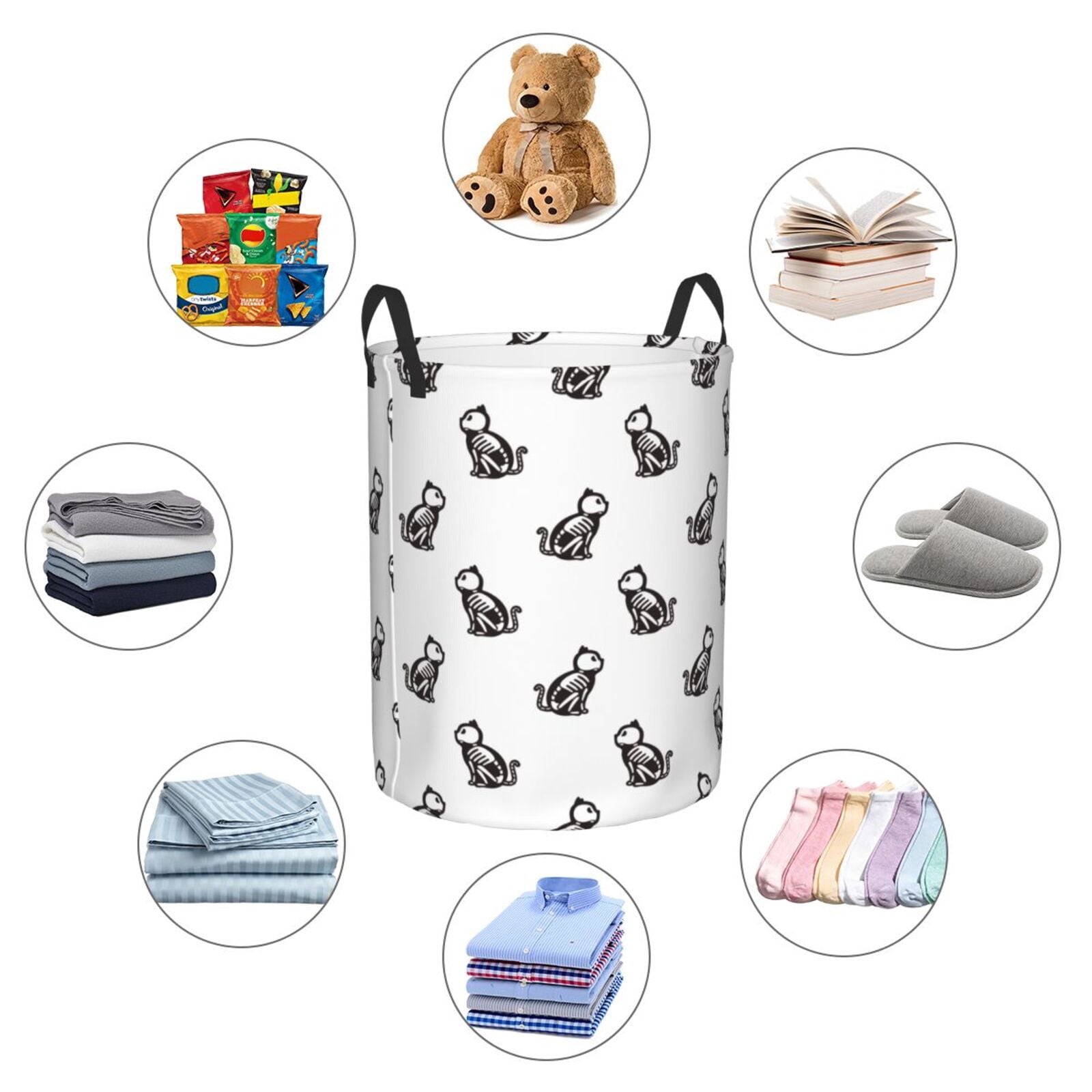 Large Laundry Basket with Handles - Black White Cartoon Cat Bones Kids Baby Dirty Clothes Laundry Hamper for Bedroom Aesthetic
