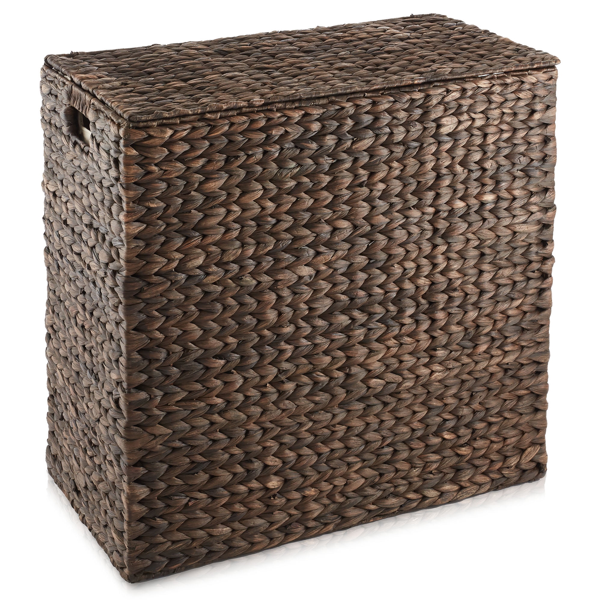 Casafield 2-Section Laundry Hamper with Lid and Removable Liner Bags - Espresso Dark Brown, Woven Water Hyacinth Laundry Basket for Clothes