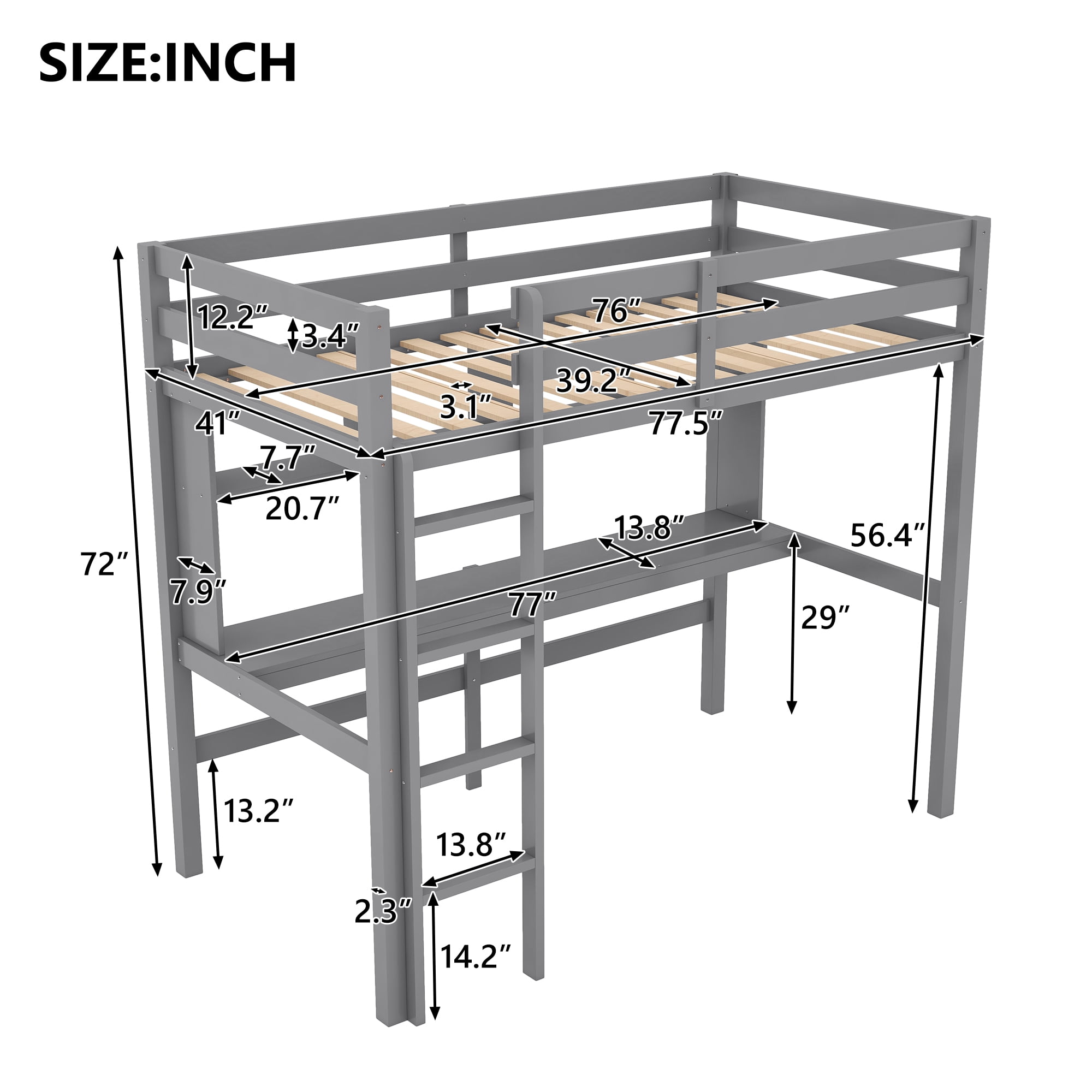 Aukfa Twin Loft Bed with Desk and 4 Shelves, Wood Bed Frame for Kids Teens and Dorm - Gray
