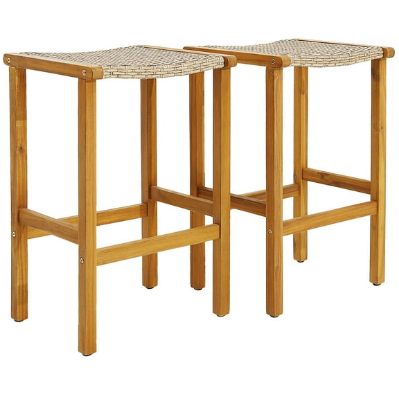 Costway 2PCS Patio PE Wicker Bar Stools with Acacia Wood Frame Bar Height Chairs Poolside