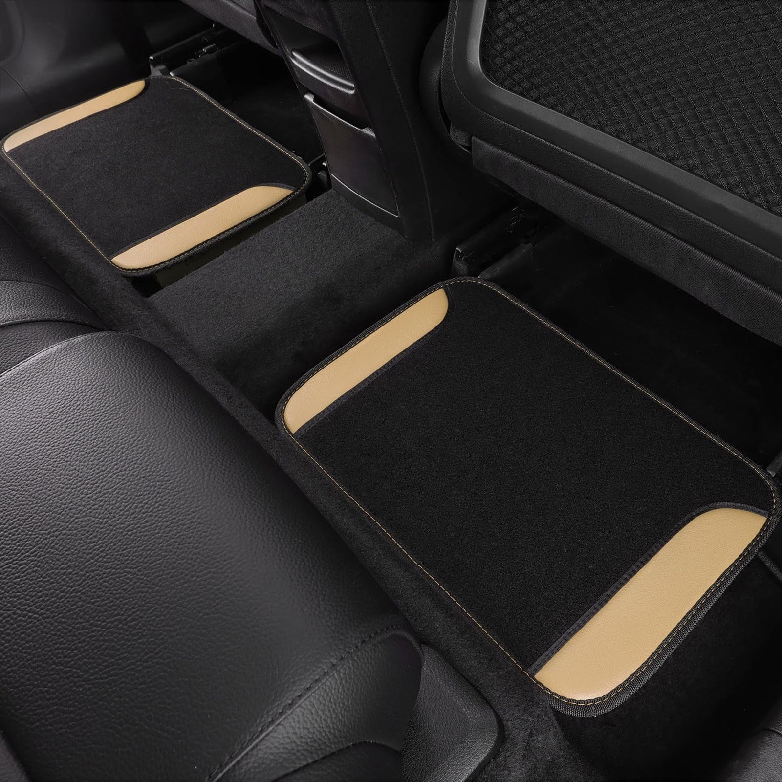 CAR GRAND Faux Leather Car Steering Wheel Cover Combo Pack Car Floor Mats, Universal Fit Waterproof Anti-slip Carpet 14.5-15 Inches Beige & Black