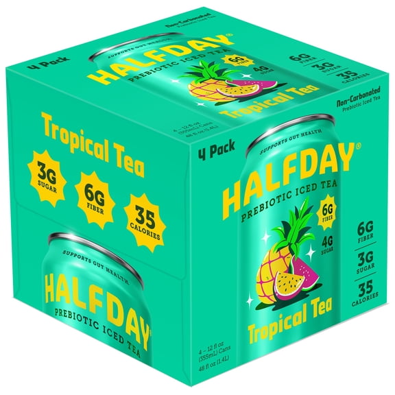 Halfday Prebiotic Tropical Iced Tea, 6g Fiber, 4g Sugar, 40 Cal, 12 fl oz, 4 Pack