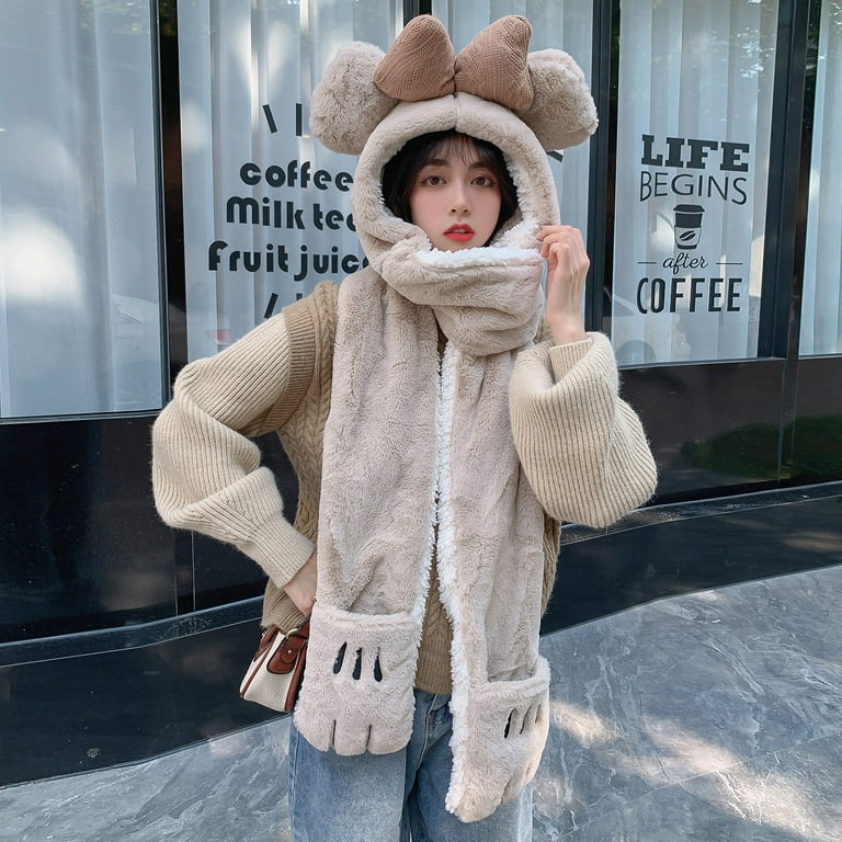 Kayannuo Christmas Clearance Women Cute Cartoon Thick Hat Bow Protectors  Warm Plush Hat Scarf Gloves Set Christmas Gifts