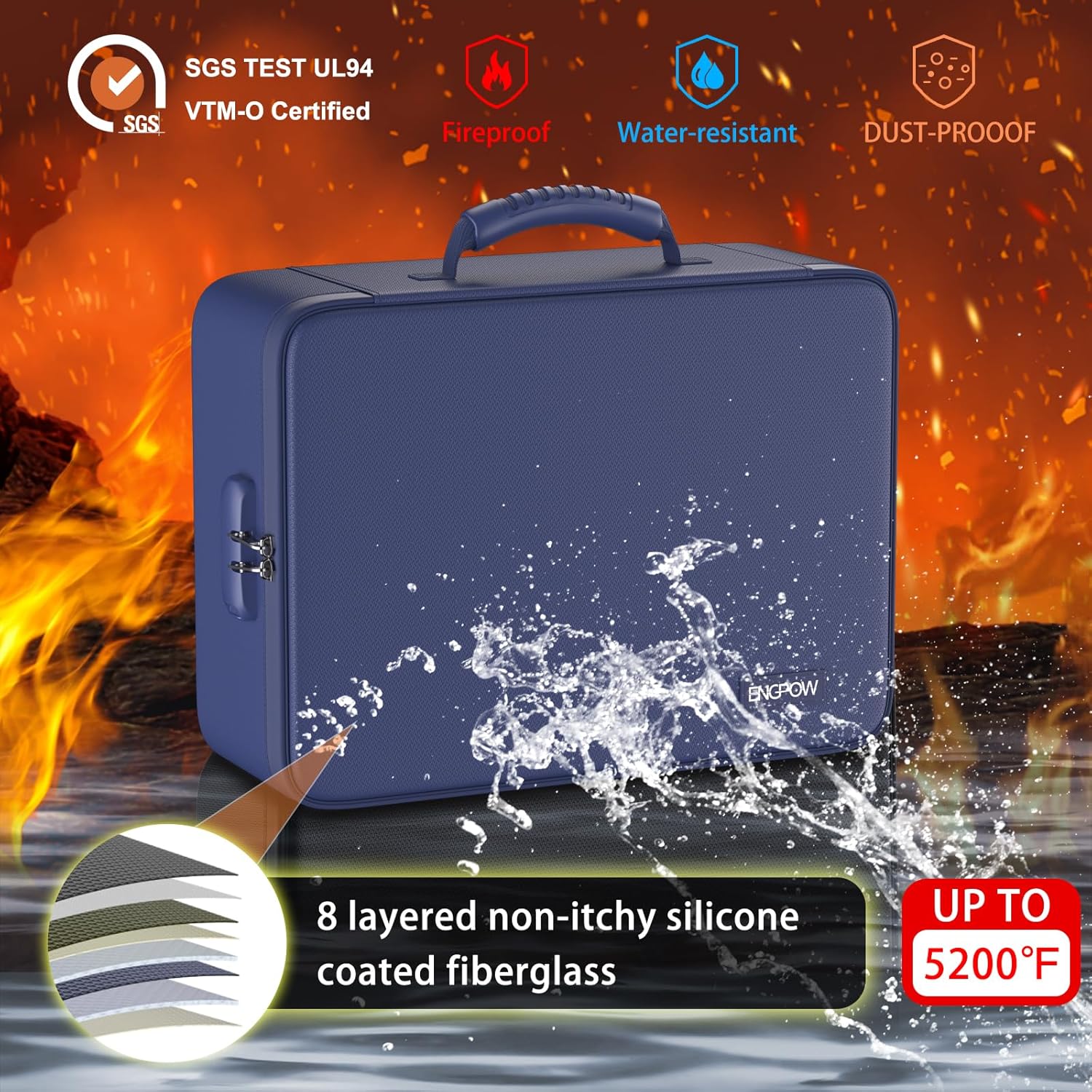 5200℉ Fireproof File Organizer Bag with 13 Pocket Accordion File Folder,Document Organizer Box with Lock&Labels,Multi-Layer Portable Home Travel Safe Storage Box for Important Documents,Blue
