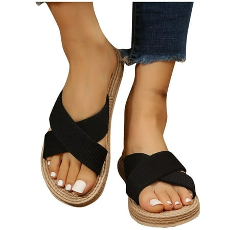 

Miluxas Slides Beach Sandals for Women Clearance Summer Women Slippers Summer New Pattern Lmitation Grass Weaving Fashion Retro Flats Black