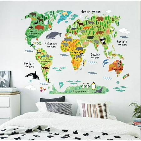 Kids Educational Animal Landmarks World Map Wall Sticker Removable For Room Nursery Canada - Removable Wall Stickers Uk