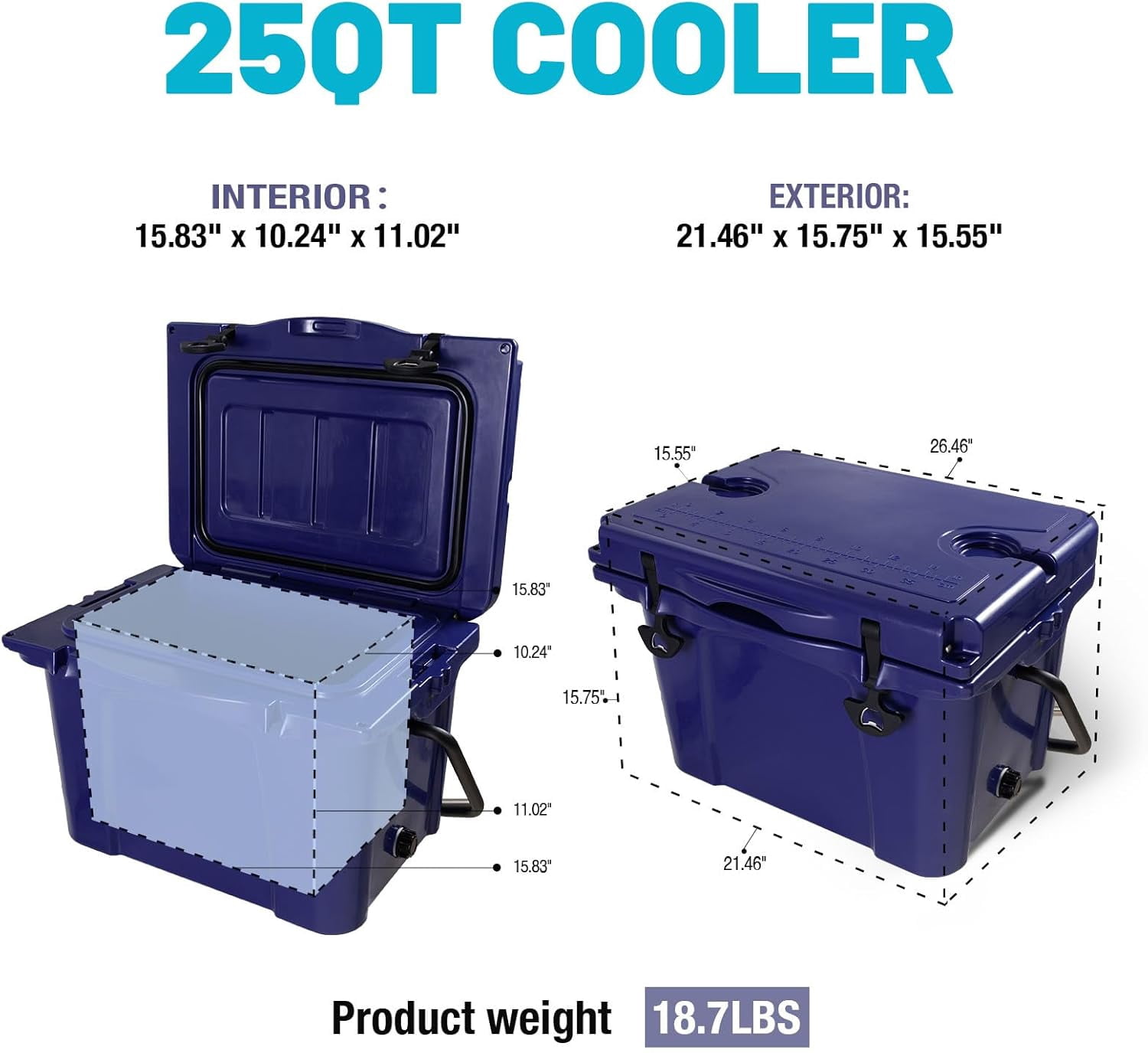 Elleree 25 Quart Hard Cooler, Portable Ice Chest with Bottle Opener, Forming Ruler, Heavy-Duty Beach Cooler Box for Camping Fishing Picnic BBQ Travel