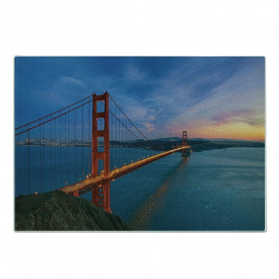 Travel Cutting Board, Real Life Picturesque of Golden Gate Bridge Cityscape California Landmark, Decorative Tempered Glass Cutting and Serving Board, in 3 Sizes, by Ambesonne