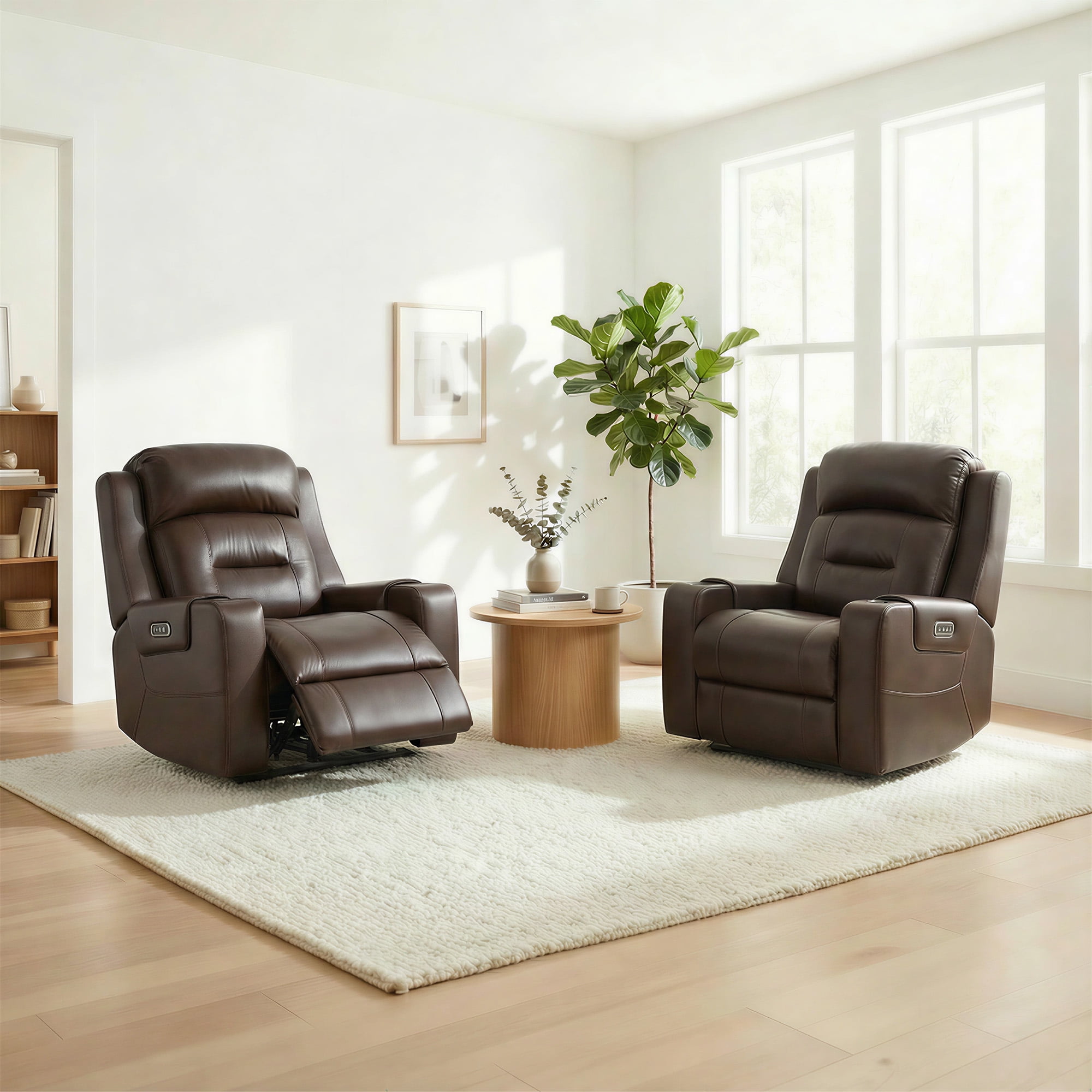Spruce & Spring Lay-Flat Genuine Leather Power Recliner Chair with Headrest, Brown