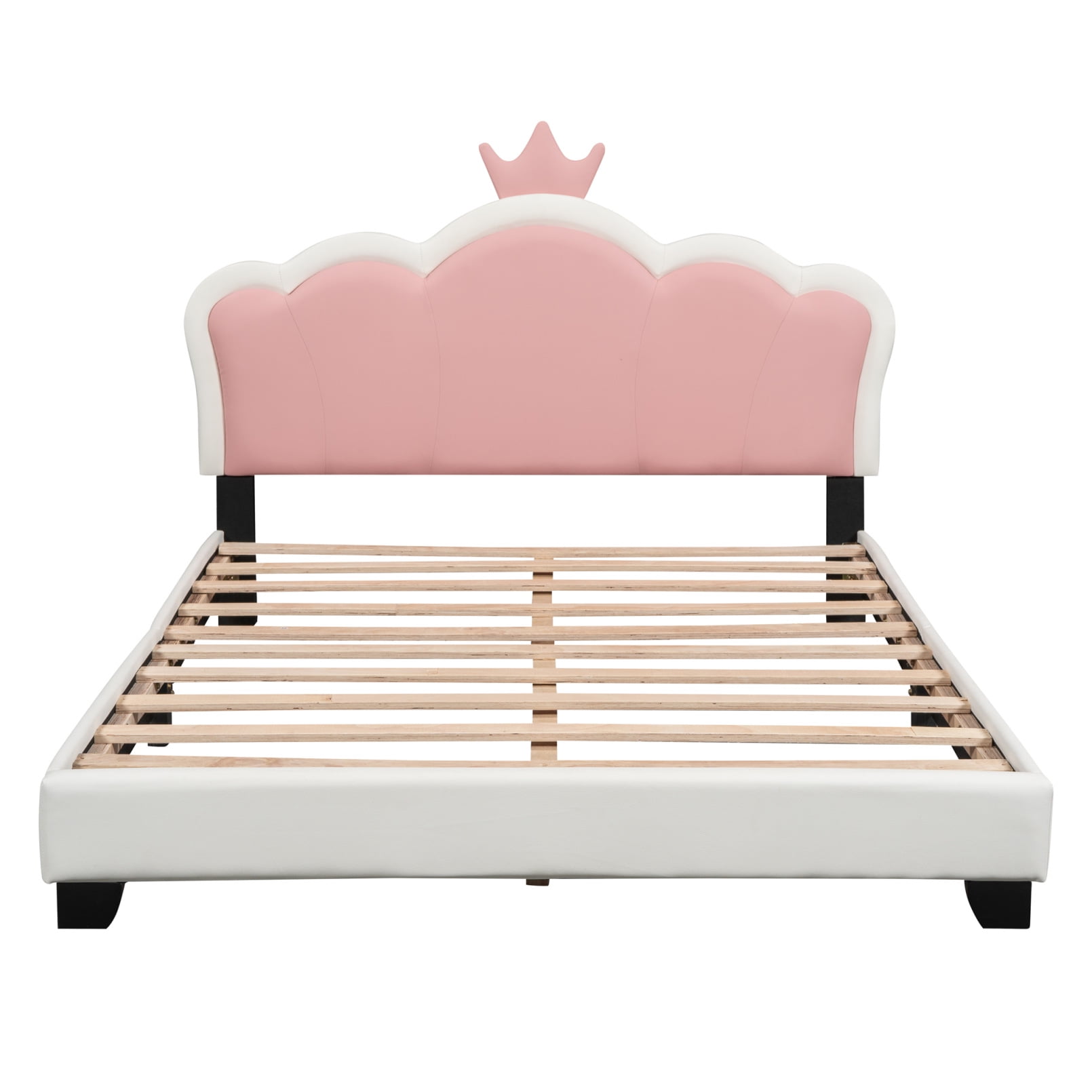 Full Size Upholstered Princess Bed, Platform Bed with Crown Headboard and Footboard, Pink Bed Frame for Girls, White