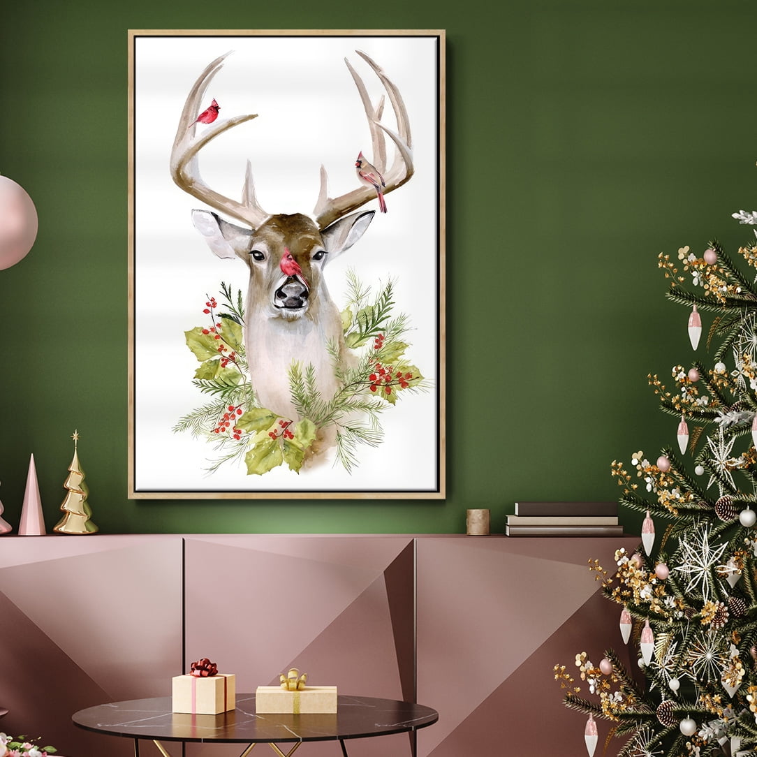 Holiday Deer Collection B - Framed Gallery Wrapped Holiday Canvas - 17 x 25 - Natural Wood Frame