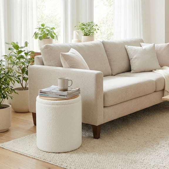 LEDREM Set of 2 Round Storage Ottomans, Teddy Fleece Vanity Stools with Removable Lid, Footrest & Coffee Table, for Living Room, Bedroom, Cream White
