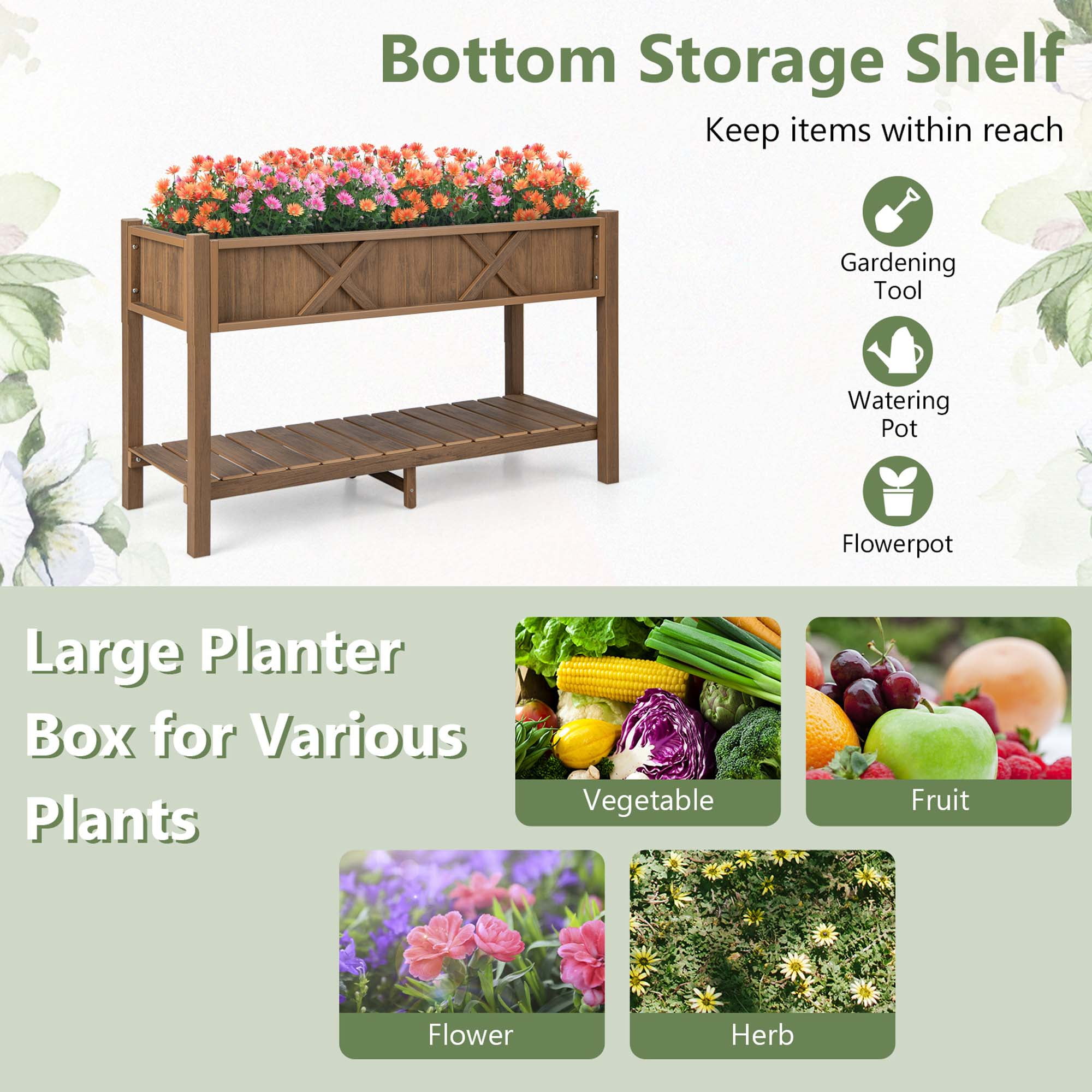 Costway HIPS Raised Garden Bed Poly Wood Elevated Planter Box with Legs, Storage Shelf Coffee