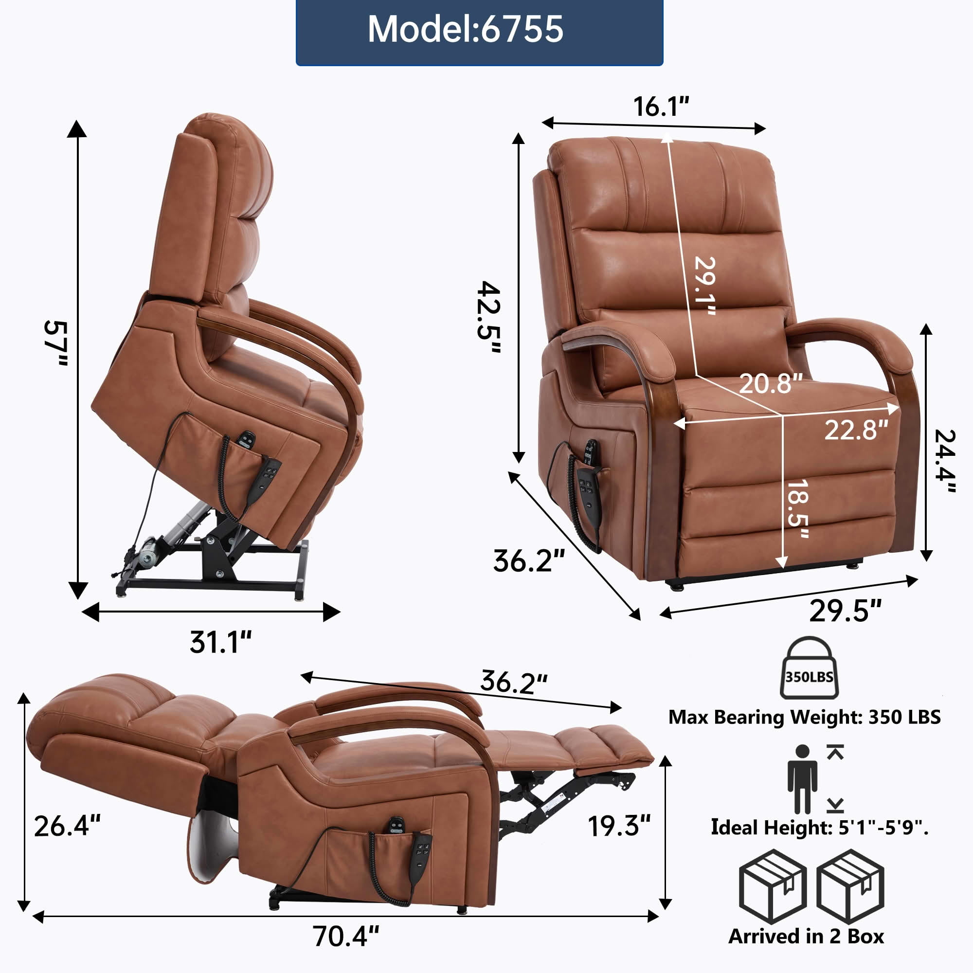 MAYEERTY Orange Leatheraire Dual Motor Power Lift Recliner, 350lbs Solid Wood Armrest Massage Heat 30"x36"x43" for Elderly