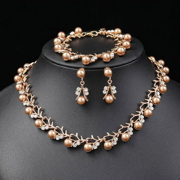 Alloy Rhinestone & Plastic Imitation Pearl Leaf Link Chain Necklaces & Stud Dangle Earrings & Link Bracelets sets PeachPuff 400mm