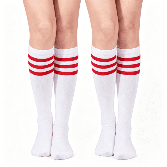 OQRKI 2 Pairs Classic Athletic Knee High Socks Triple Stripes over the Calf Cotton Retro Tube Sock Tube Socks