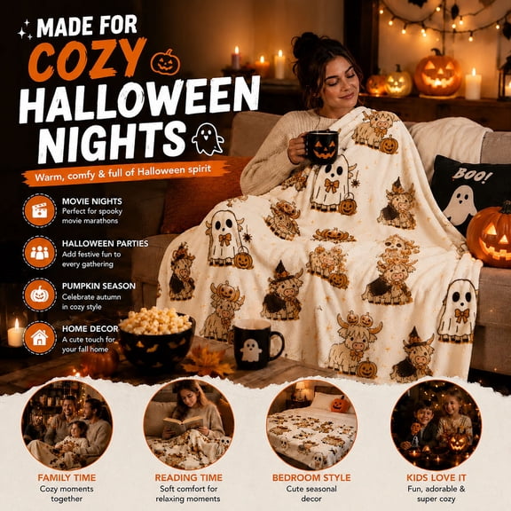 Aoznliie Halloween Blanket, Cozy Fleece Throw Blanket with Ghost Pumpkin Print, Lightweight Fall Blanket for Couch Sofa Bed Home Decor, 40x28in