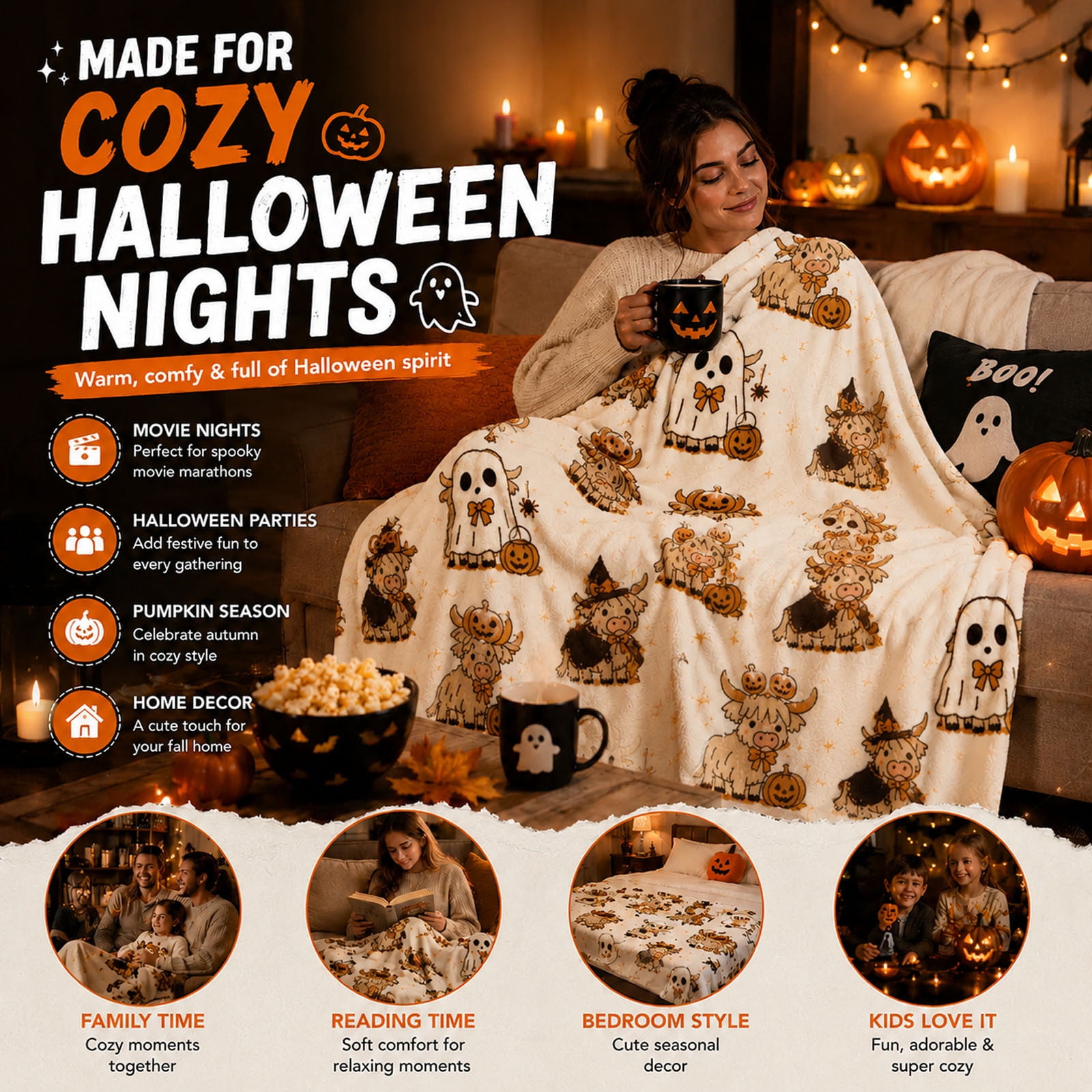 Aoznliie Halloween Blanket, Cozy Fleece Throw Blanket with Ghost Pumpkin Print, Lightweight Fall Blanket for Couch Sofa Bed Home Decor, 40x28in