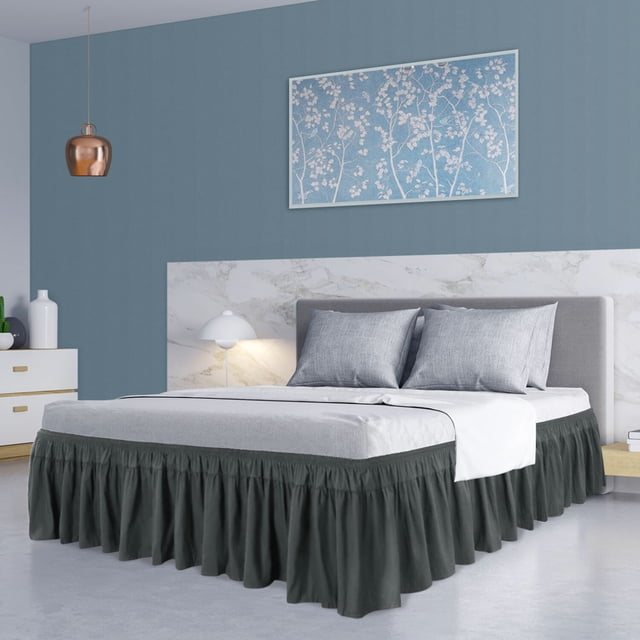 PiccoCasa Polyester Brushed Bed Skirt with Elastic Dust Ruffles 16" Drop, King Dark Gray