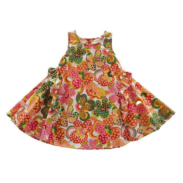 Robes Décontractées pour Filles, Été, Imprimé Fleurs, Bretelles, Col Rond, Sans Manches, Ample, Vêtements de Sport, Orange, 5-6 Ans