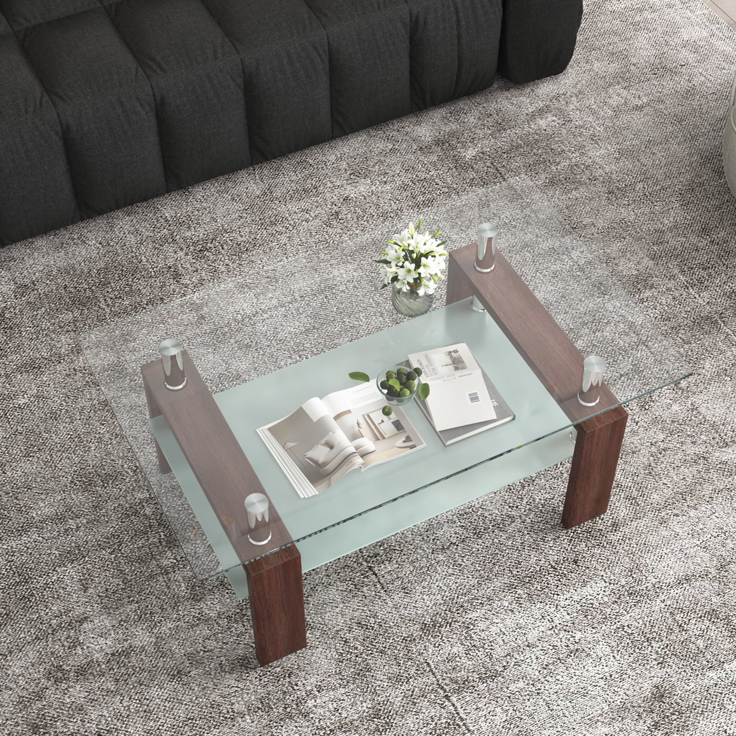 Yardi Yard Modern Tempered Glass Top Coffee Table with Storage Shelf, Clear Rectangle Center Table Sofa Table with Wood Legs for Living Room Home Furniture Walnut Yardi Yard Modern Tempered Glass Top Coffee Table with Storage Shelf, Clear Rectangle Center Table Sofa Table with Wood Legs for Living Room Home Furniture Walnut