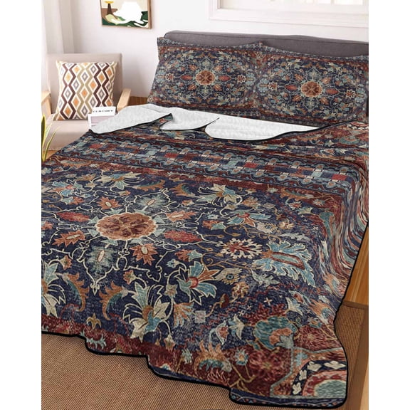 Retro Boho Queen Size Down Alternative Comforter, Lightweight Comforter Quilt Bedding Set with Pillow Shams Rustic Flowers Modern Geometric Abstract Art All Seasons Bed Comforter Duvet Insert 90"x96"