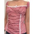 thumbnail image 5 of Rdhnmea Women Summer Basic T-Shirt Plaid Print Ruched Short Sleeve Tops, 5 of 9