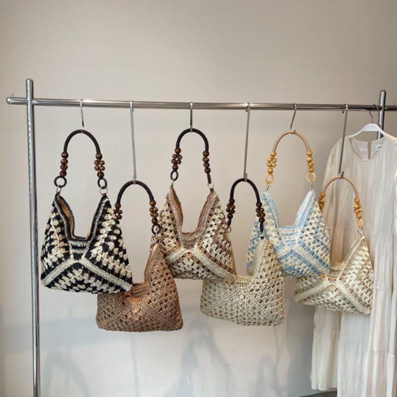 Large Bohemian Handmade Crochet Shoulder Bag – Women’s Summer Straw Woven Tote for Beach, Travel, Casual