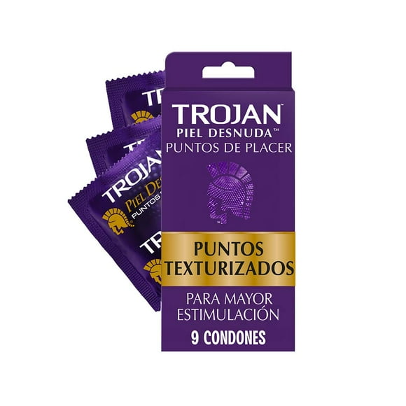 Trojan Condones Piel Desnuda Puntos de Placer Caja con 9 piezas. Con Puntos Texturizados y Lubricados para Mayor Estimulación y Confort