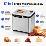 Bread Maker, 17-in-1 2LB Amumu Automatic Bread Machine, LCD Display, Beginner-Friendly Controls, Nonstick Pan, Delay Timer, Keep Warm, Stainless Steel, Silver