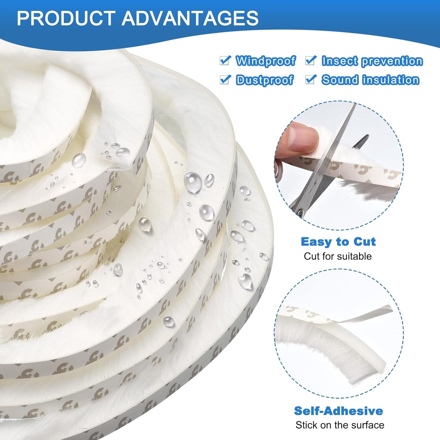 FRKSMD-Brush Weather Stripping, 3/8" Backing x 3/16" Brush x 20ft Felt Pile Door Seal Strip for Sliding Door Window Wardrobe - Self-Adhesive White (Windproof Dustproof Soundproof)