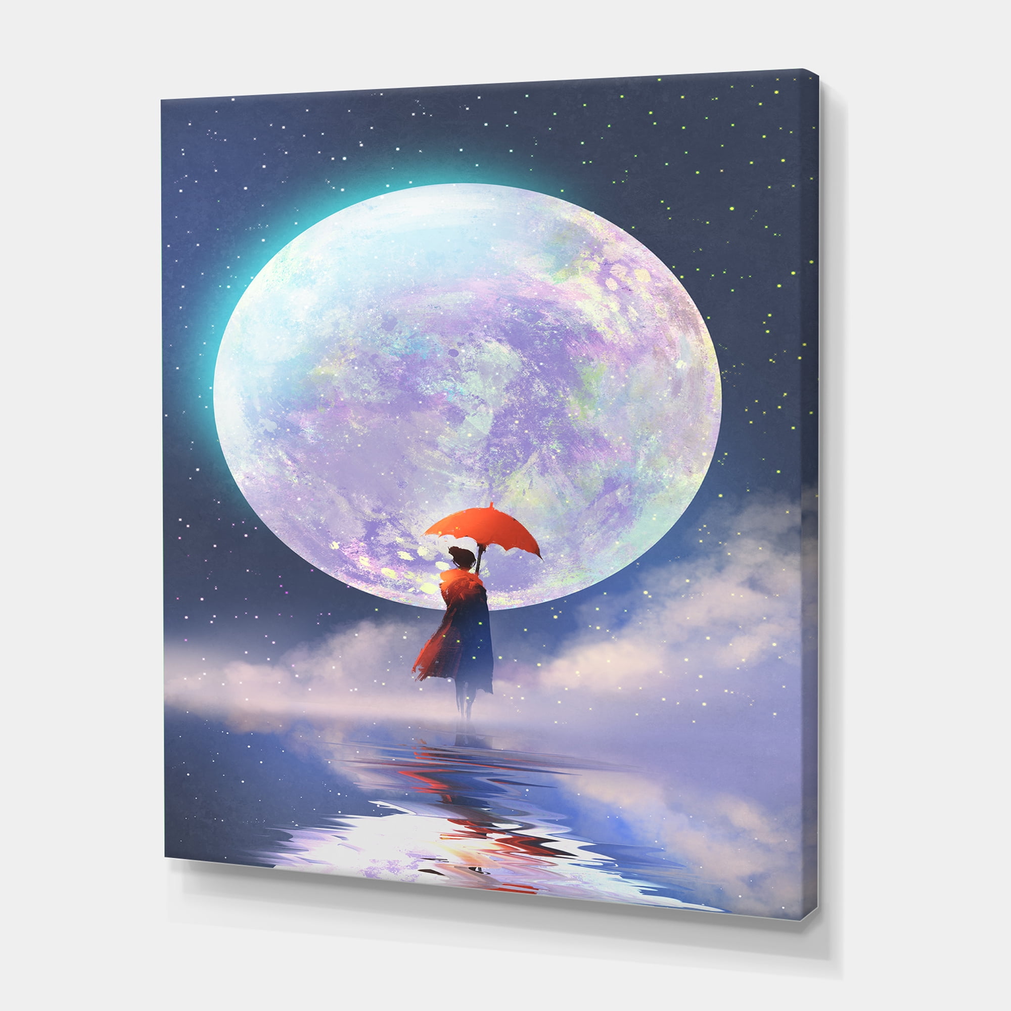 Designart ' Girl With Umbrella Standing On Water Against Moon ' Traditional Canvas Wall Art Print