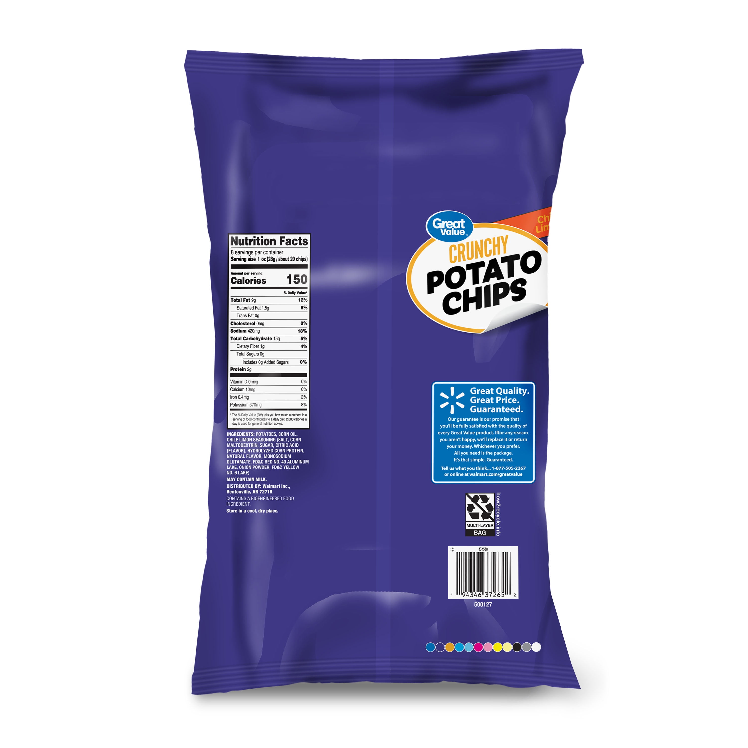 (10 pack) Great Value Chile Limon Flavored Crunchy Potato Chips, 8 oz