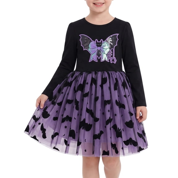 Sunny Fashion Girls Dress Black Purple Bat Spider Applique Horror Trick or Treat Halloween Party Tulle Dress 4 Years