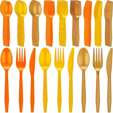 360 Pack Thanksgiving Plastic Silverware Fall Party Supplies Disposable Plastic Cutlery Set Includes 120 Spoons 120 Forks 120 Knives for Thanksgiving Autumn Christmas Dinner(Orange, Yellow, Gold)