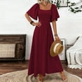 thumbnail image 2 of CharmCyan Women Square Neck Short Sleeve Maxi Dress Elegant Loose Fit Flowy Long Dress Summer Casual Solid A Line Sundress Wine L, 2 of 5