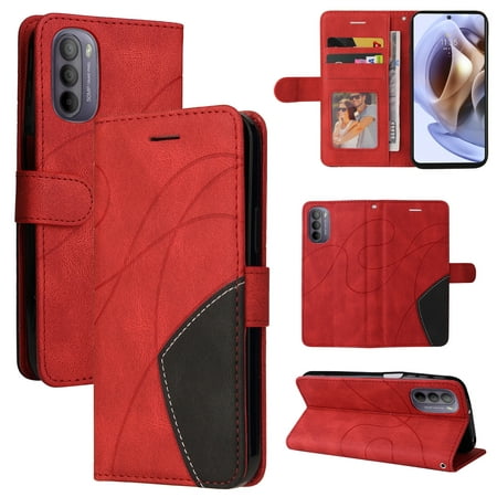 Compatible Motorola Moto G31/G41 Case, Leather Wallet Case Stand View Magnetic Clasp Book Flip Folio Phone Cover - Red
