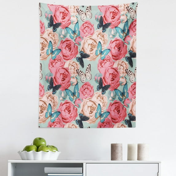 Colorful Tapestry, Peony Roses Butterflies Romantic Graphic Print Retro Style Floral Design Print, Fabric Wall Hanging Decor for Bedroom Living Room Dorm, 5 Sizes, Multicolor, by Ambesonne
