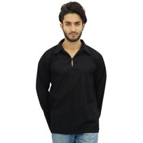 Atasi Indian Ethnic Men's Short Kurta Full Sleeve Collar Cotton Black Shirt-Large