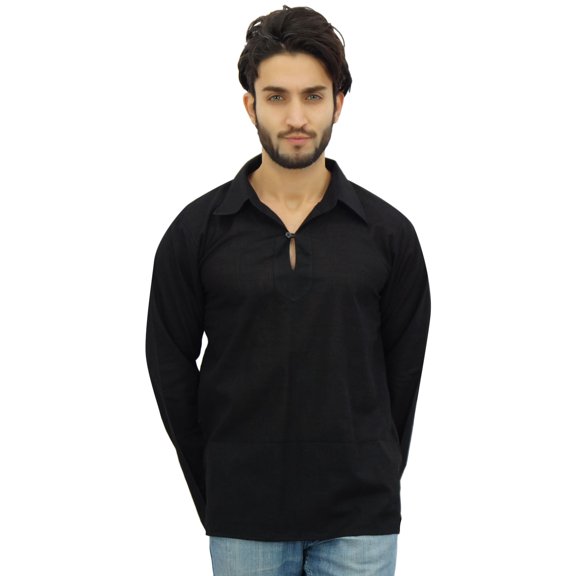 Atasi Indian Ethnic Men's Short Kurta Full Sleeve Collar Cotton Black Shirt-XXX-Large